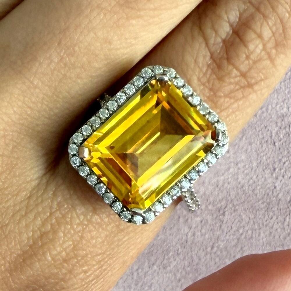sterling silver emerald-cut yellow cz & halo cocktail ring size 9.75